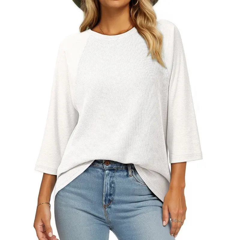 Dokotoo Womens Tops Spring Summer 3/4 Length Sleeve Fashion T Shirts for Women Crewneck Waffle Knit Casual Loose Tee Blouses