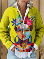 Ona | Oil Painting Freda Portrait Art Printed Buttoned Cardigan