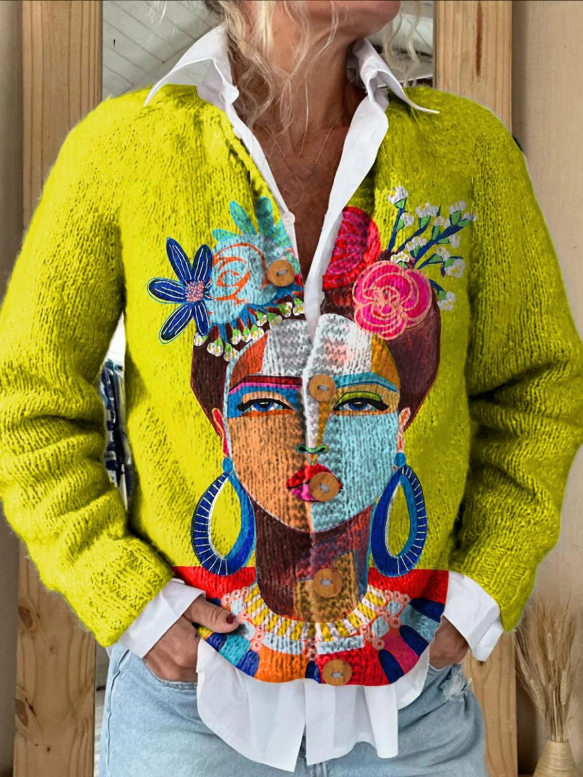 Ona | Oil Painting Freda Portrait Art Printed Buttoned Cardigan