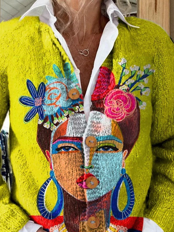 Ona | Oil Painting Freda Portrait Art Printed Buttoned Cardigan