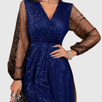 Chloeline | Sequined V-Neck Lantern Sleeve Mesh Dress