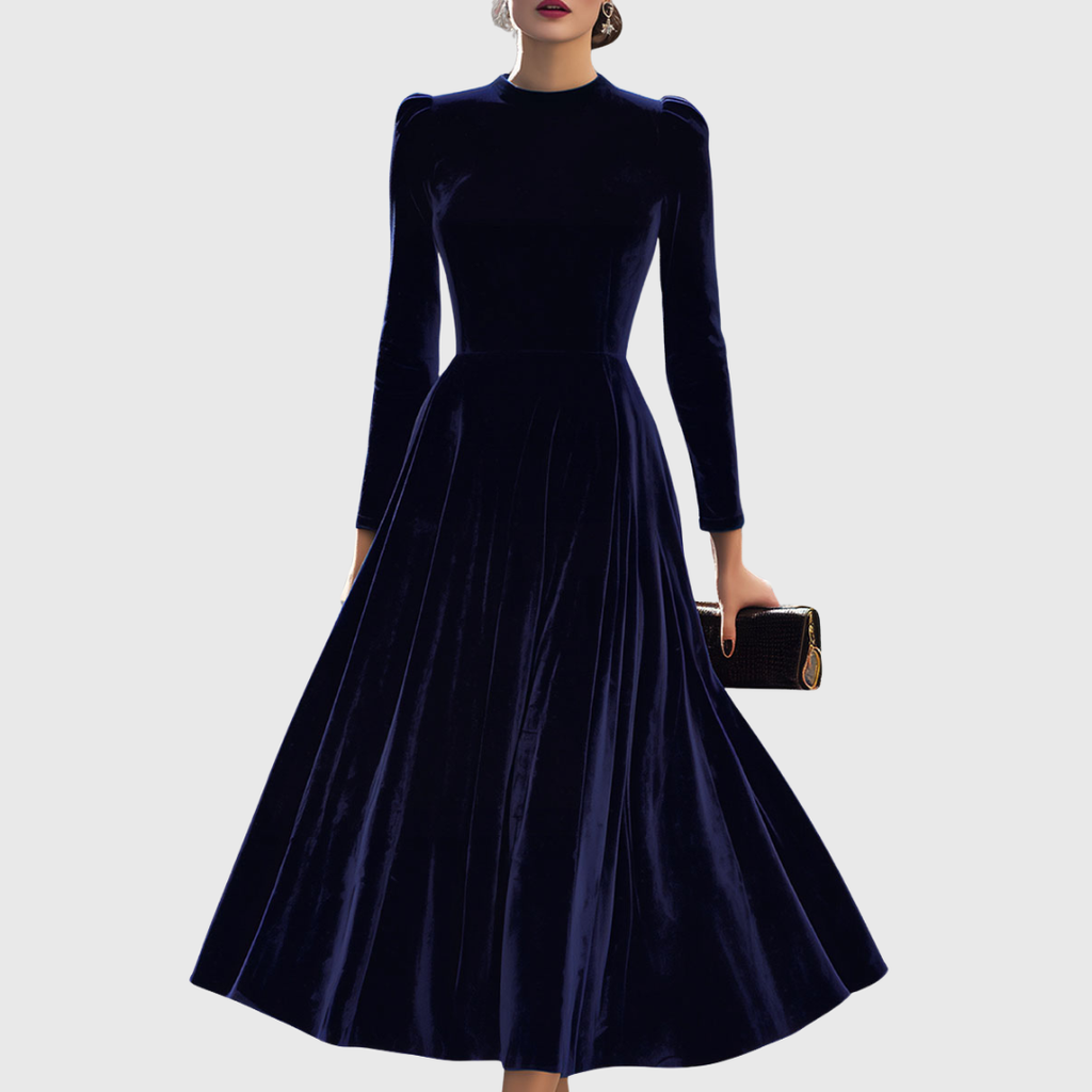 Elowon | Navy Blue Long-Sleeve Midi Dress