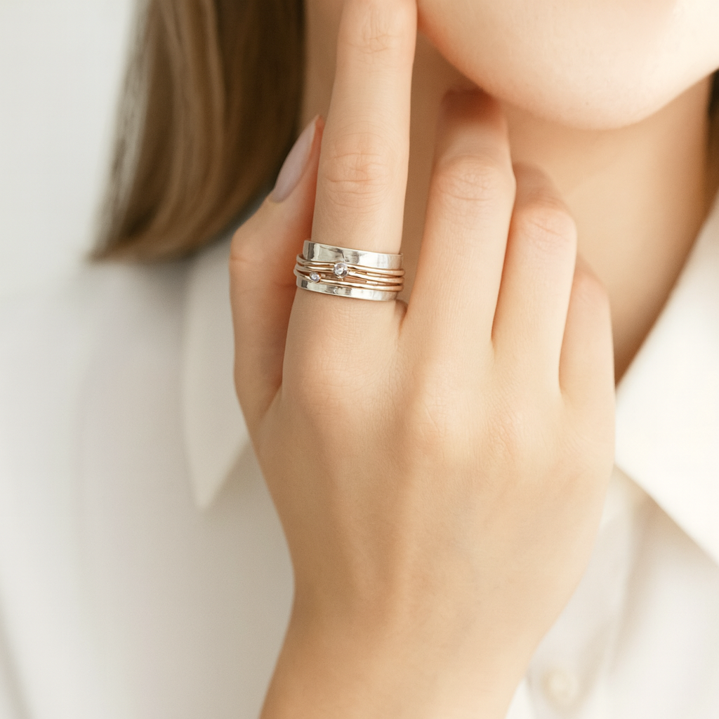 Marlene - Wide Hammered Ring with Gold Accents