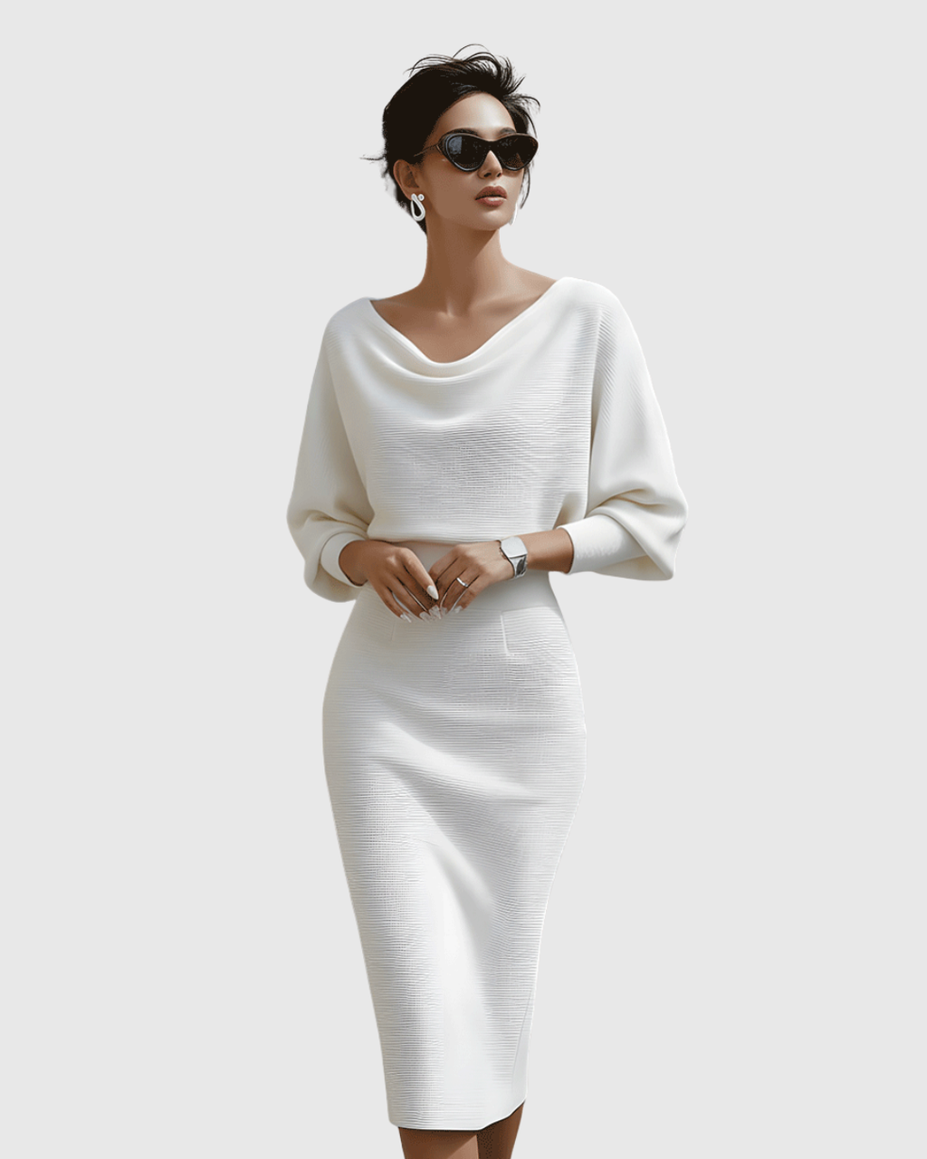 Ism�ria | White Draped Batwing Midi Dress