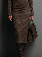 Seraphina | High Neck Long Sleeve Suede Midi Dress
