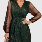 Chloeline | Sequined V-Neck Lantern Sleeve Mesh Dress