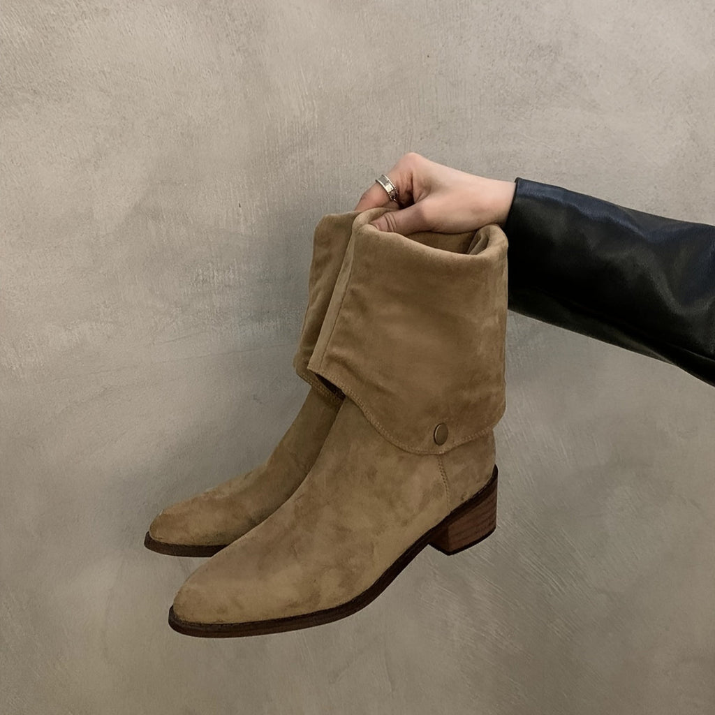 Evadne | Solid Color V-Shape Long Boots with Block Heel