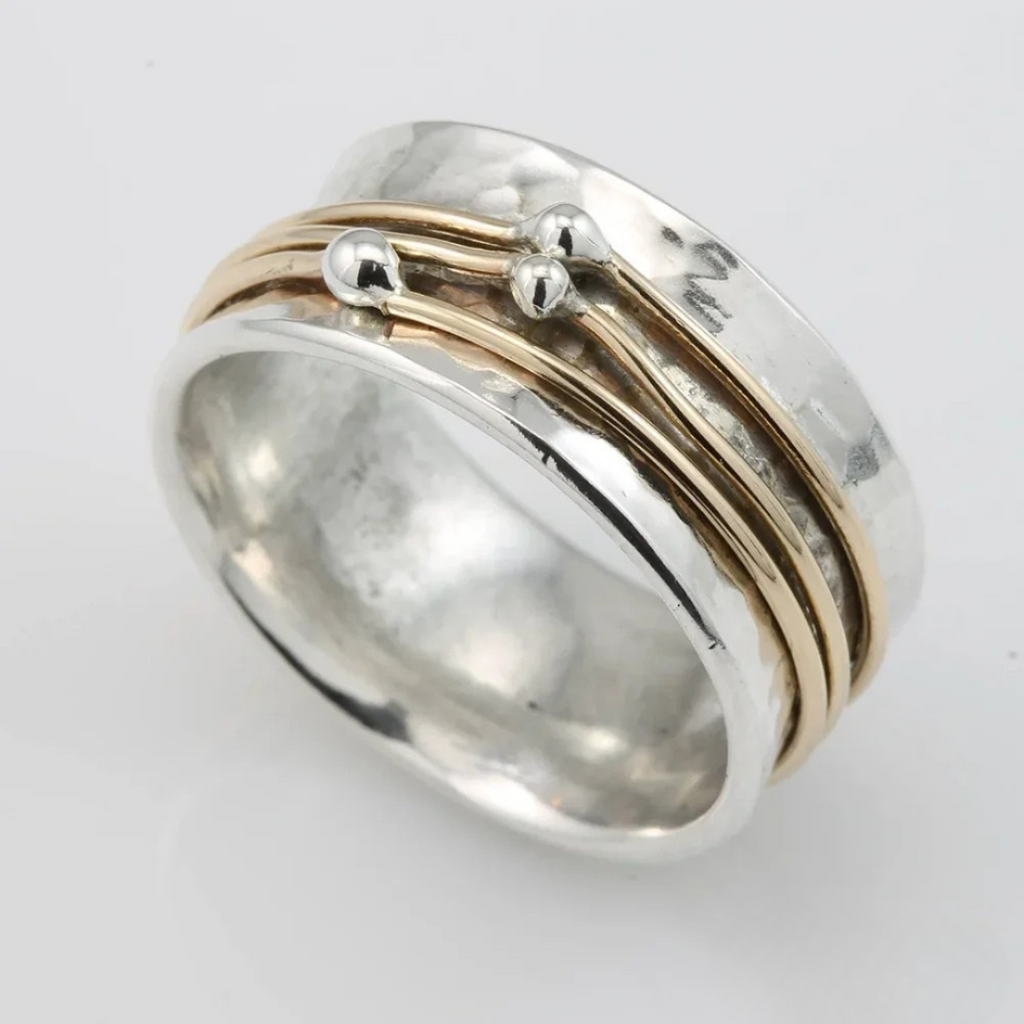 Marlene - Wide Hammered Ring with Gold Accents