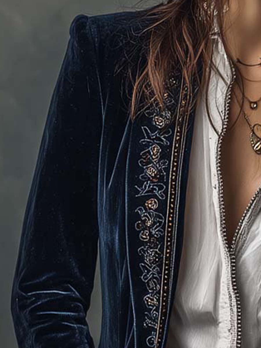 Erica | Long Vintage Velvet Jacket with Embroidery