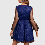 Chloeline | Sequined V-Neck Lantern Sleeve Mesh Dress