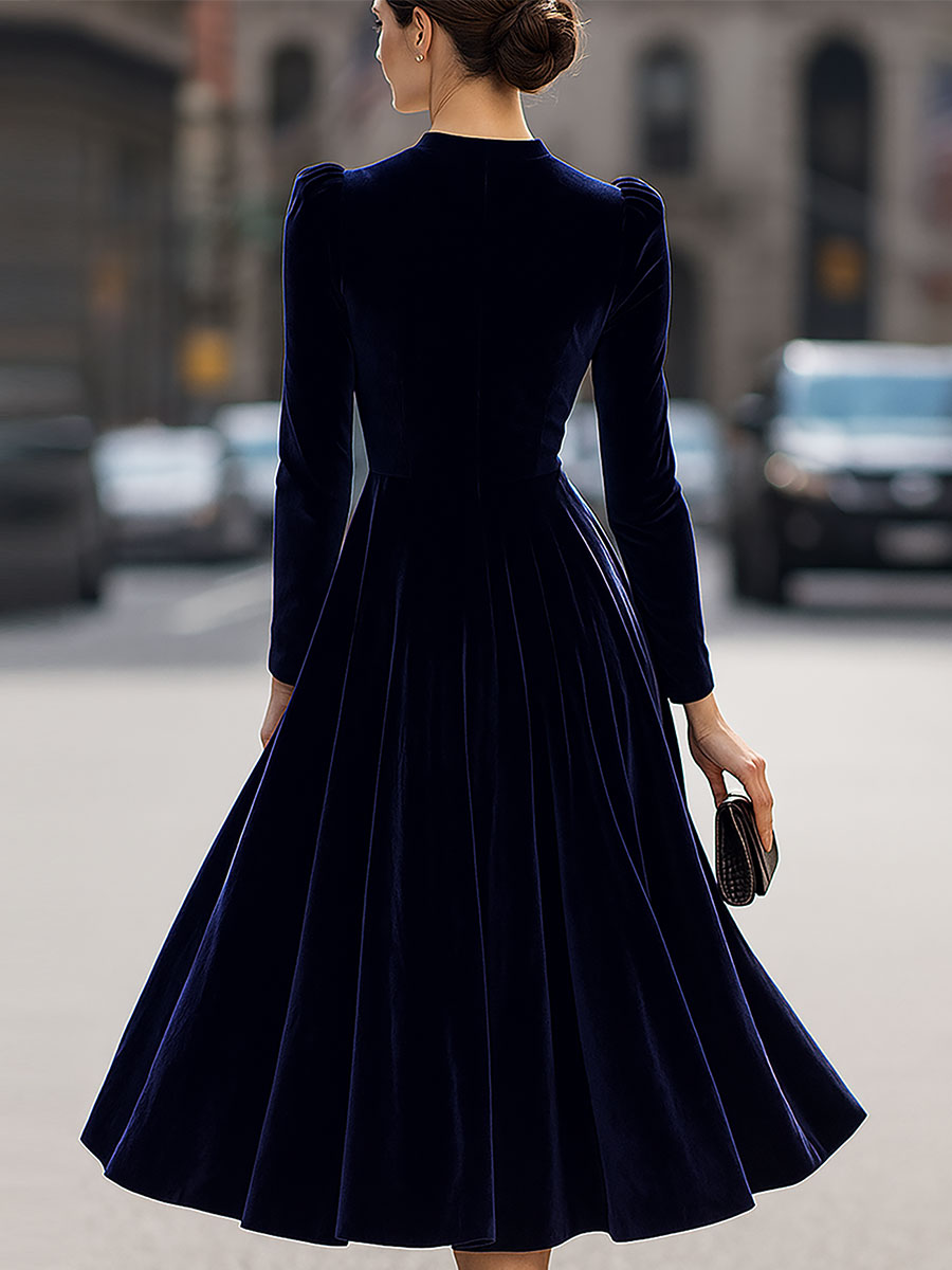 Elowon | Navy Blue Long-Sleeve Midi Dress