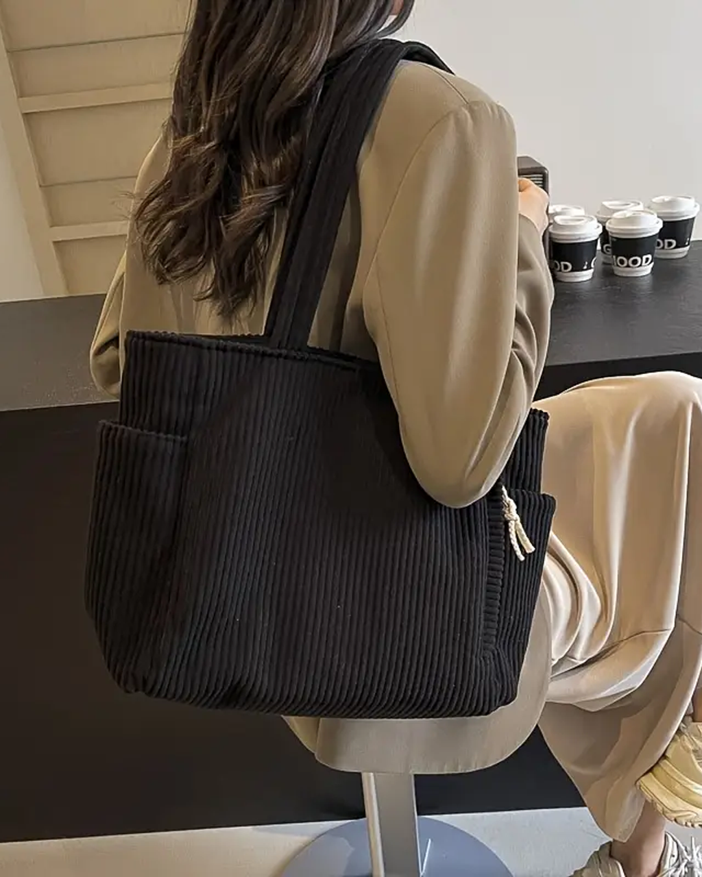 Sylva | Ribbed Tote Bag with Cord Detail
