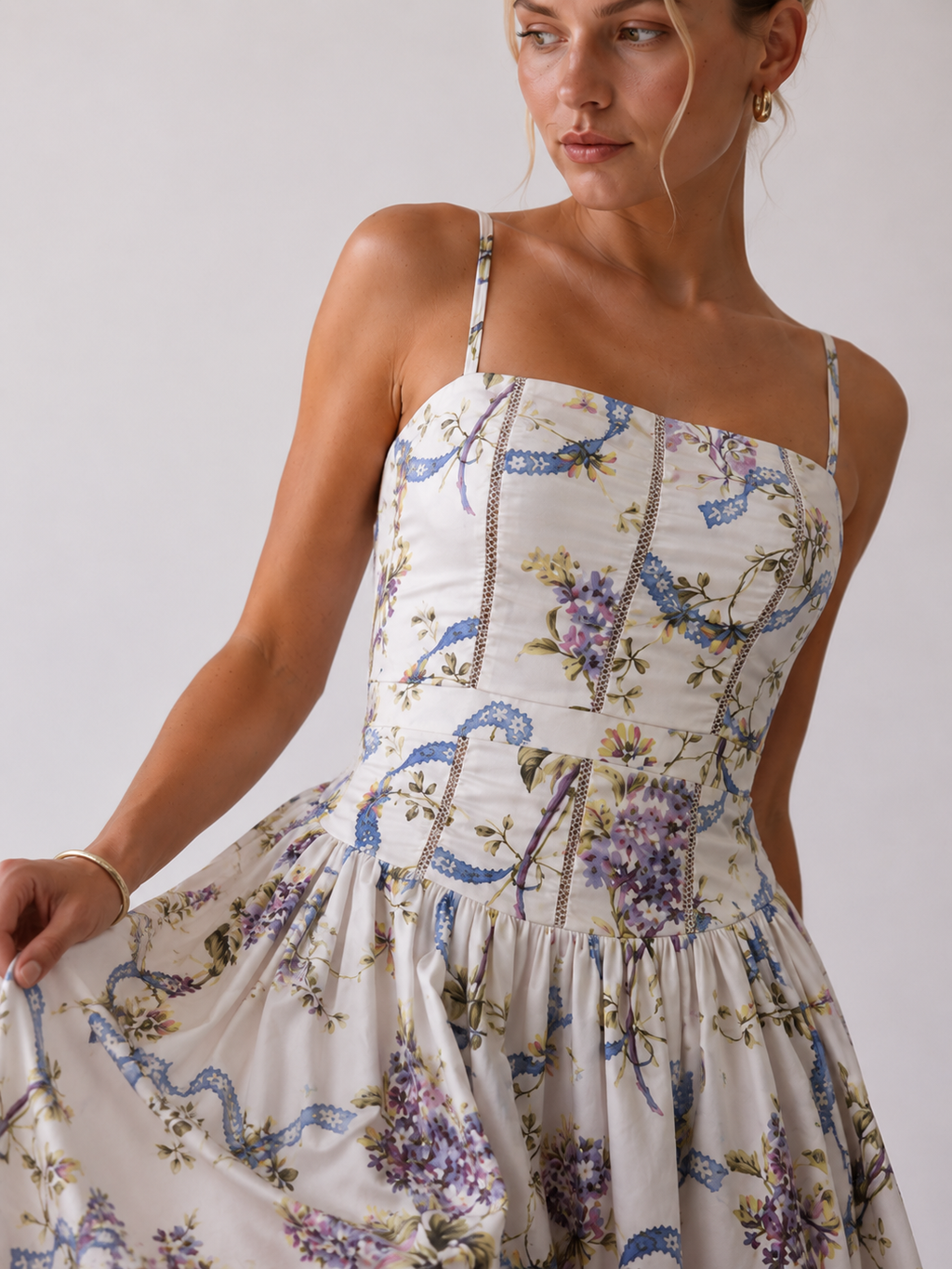Stella floral corset midi dress in KIM London warm-day styling