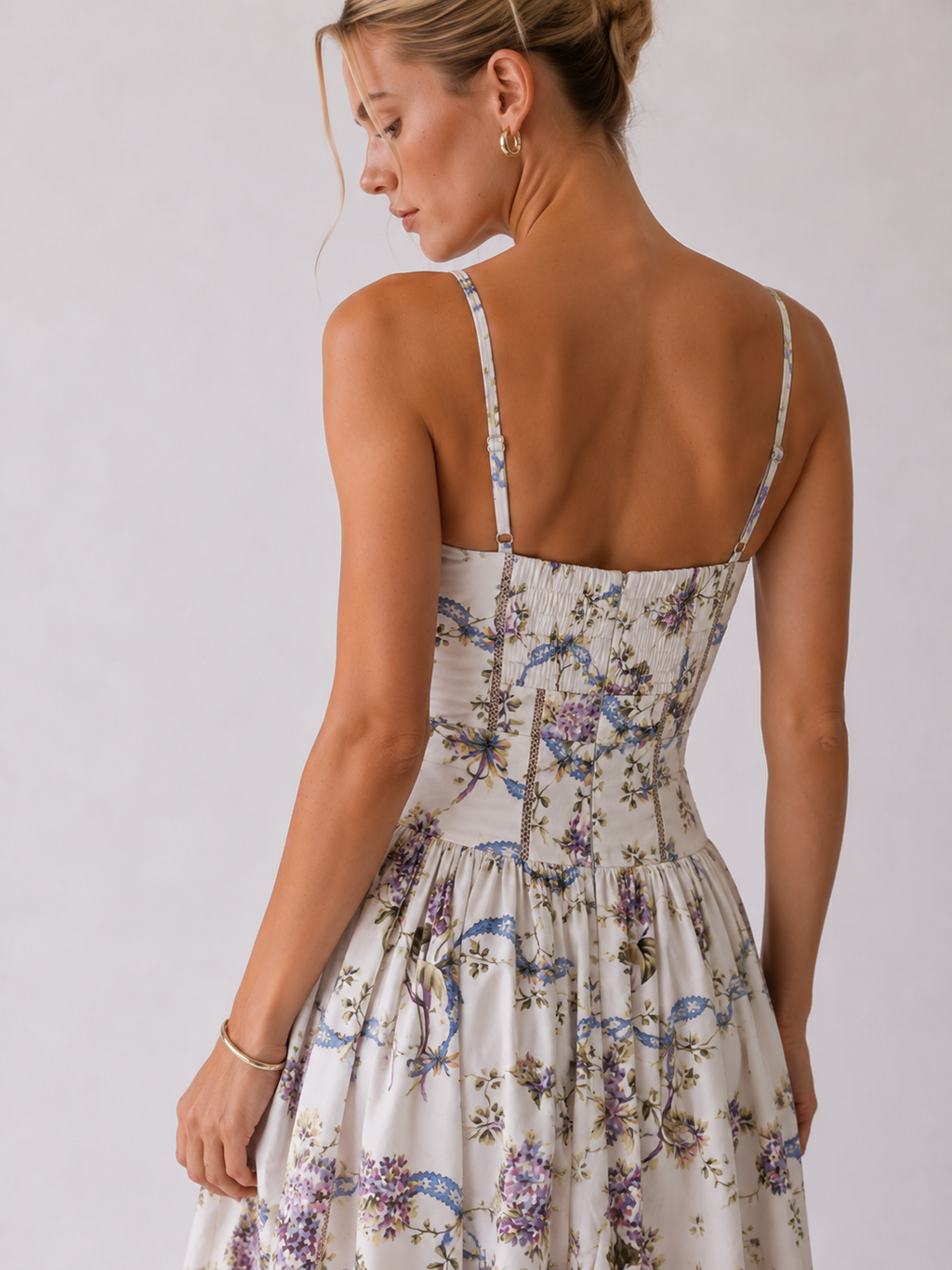 Stella floral corset midi dress in KIM London warm-day styling