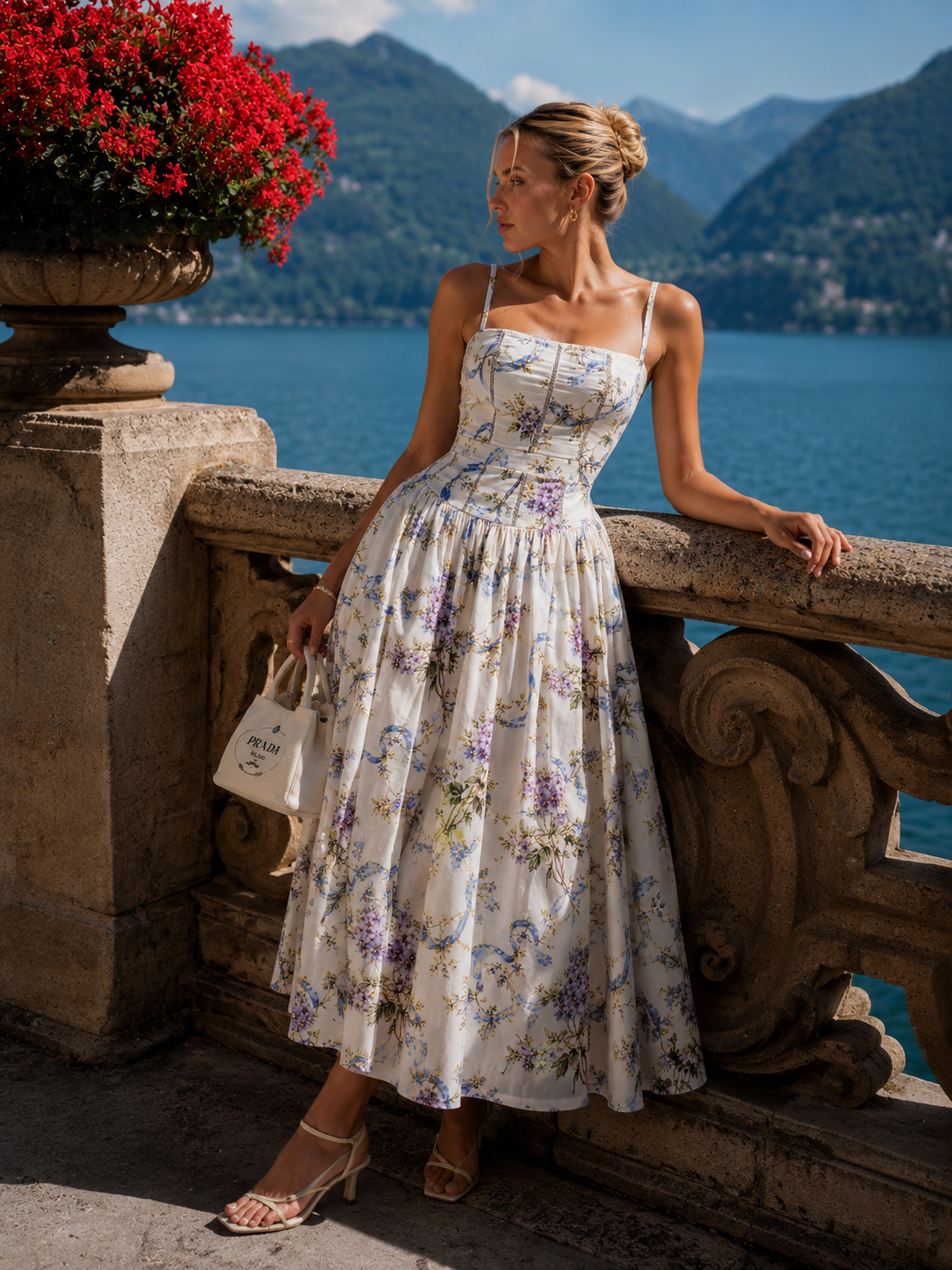 Stella floral corset midi dress in KIM London warm-day styling