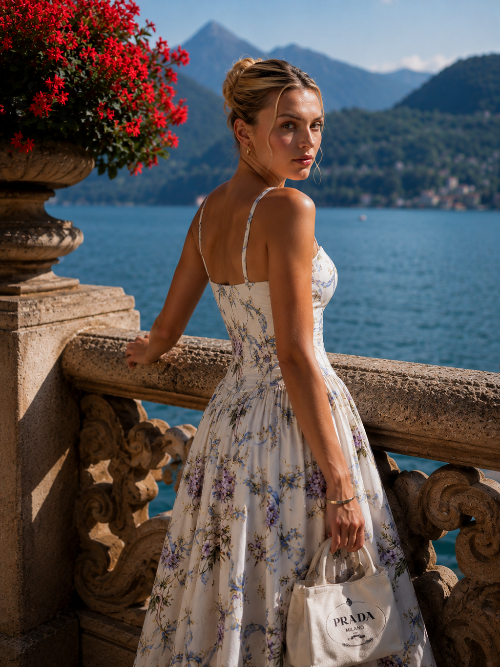 Stella floral corset midi dress in KIM London warm-day styling