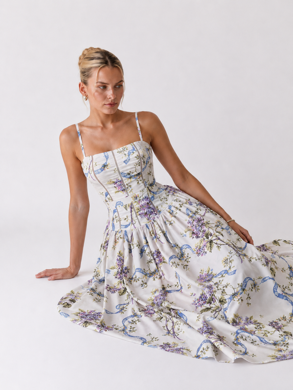 Stella floral corset midi dress in KIM London warm-day styling