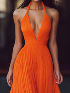 Vesperina | V-Neck Halter Pleat Maxi Dress
