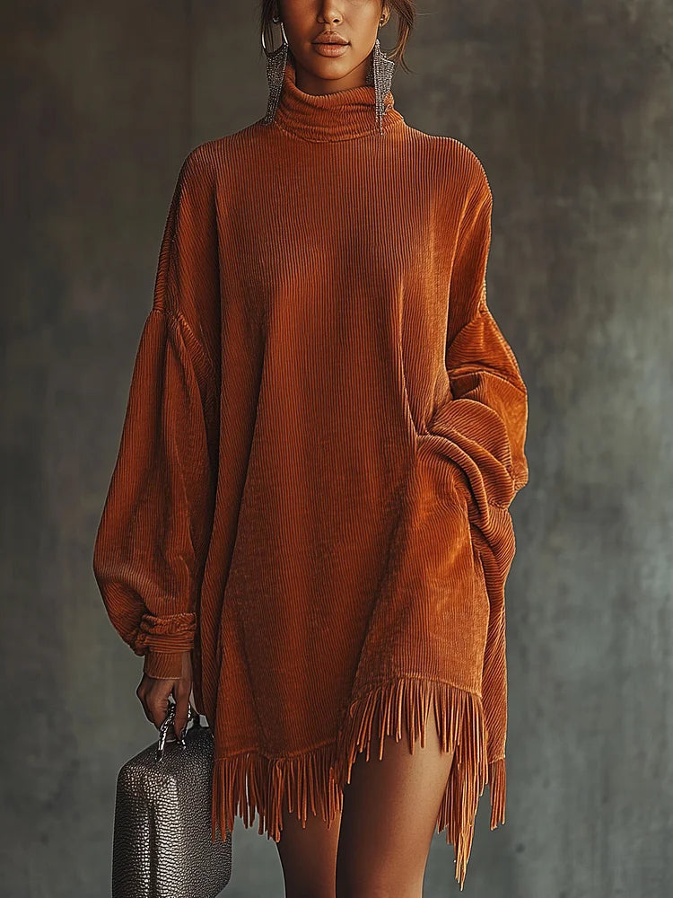 Mira Orange Corduroy Dress with Fringed Hem and High Collar