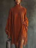 Mira Orange Corduroy Dress with Fringed Hem and High Collar