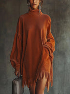 Mira Orange Corduroy Dress with Fringed Hem and High Collar