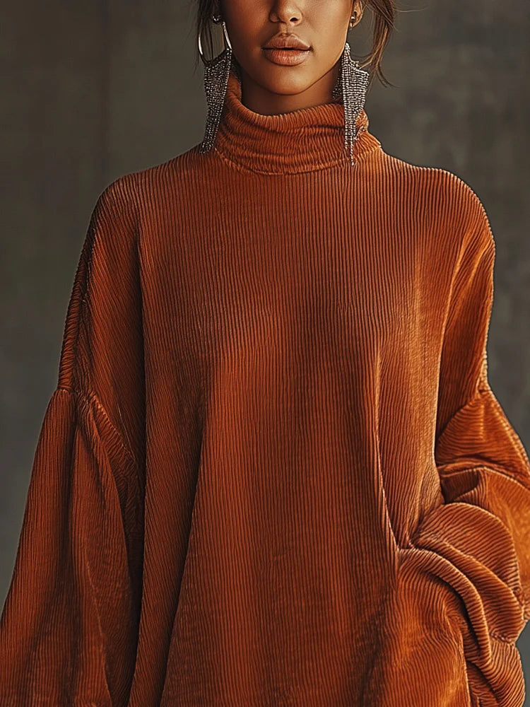 Mira Orange Corduroy Dress with Fringed Hem and High Collar