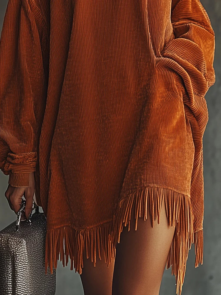 Mira Orange Corduroy Dress with Fringed Hem and High Collar