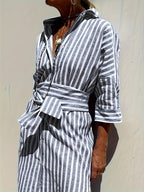 Christine | Striped Print Dress with Button Closure and Belt