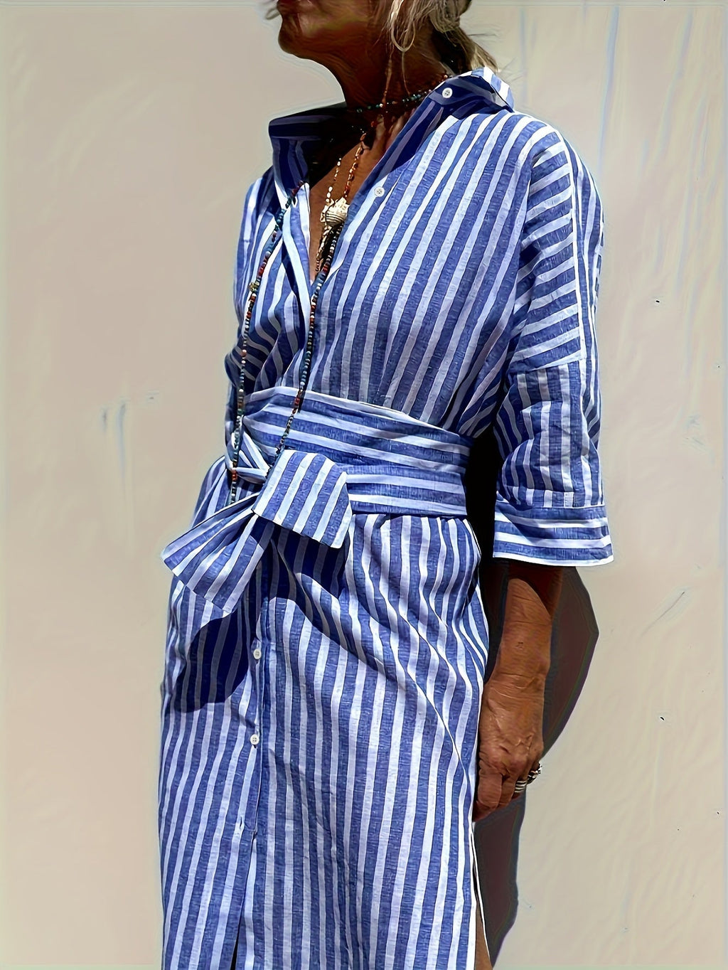 Christine | Striped Print Dress with Button Closure and Belt
