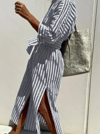 Christine | Striped Print Dress with Button Closure and Belt