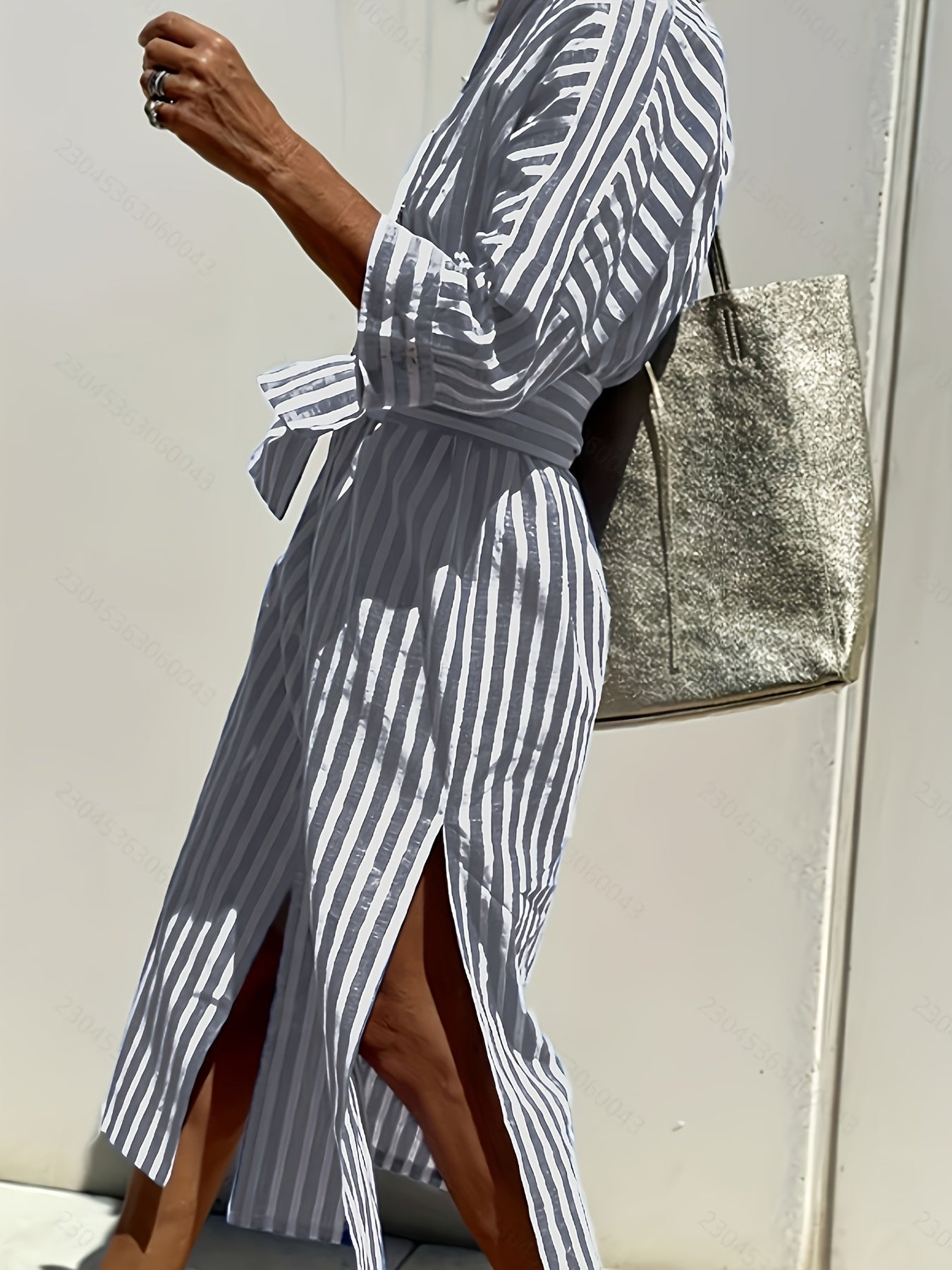Christine | Striped Print Dress with Button Closure and Belt