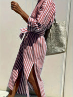 Christine | Striped Print Dress with Button Closure and Belt