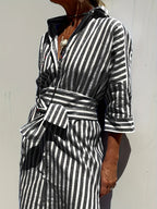Christine | Striped Print Dress with Button Closure and Belt