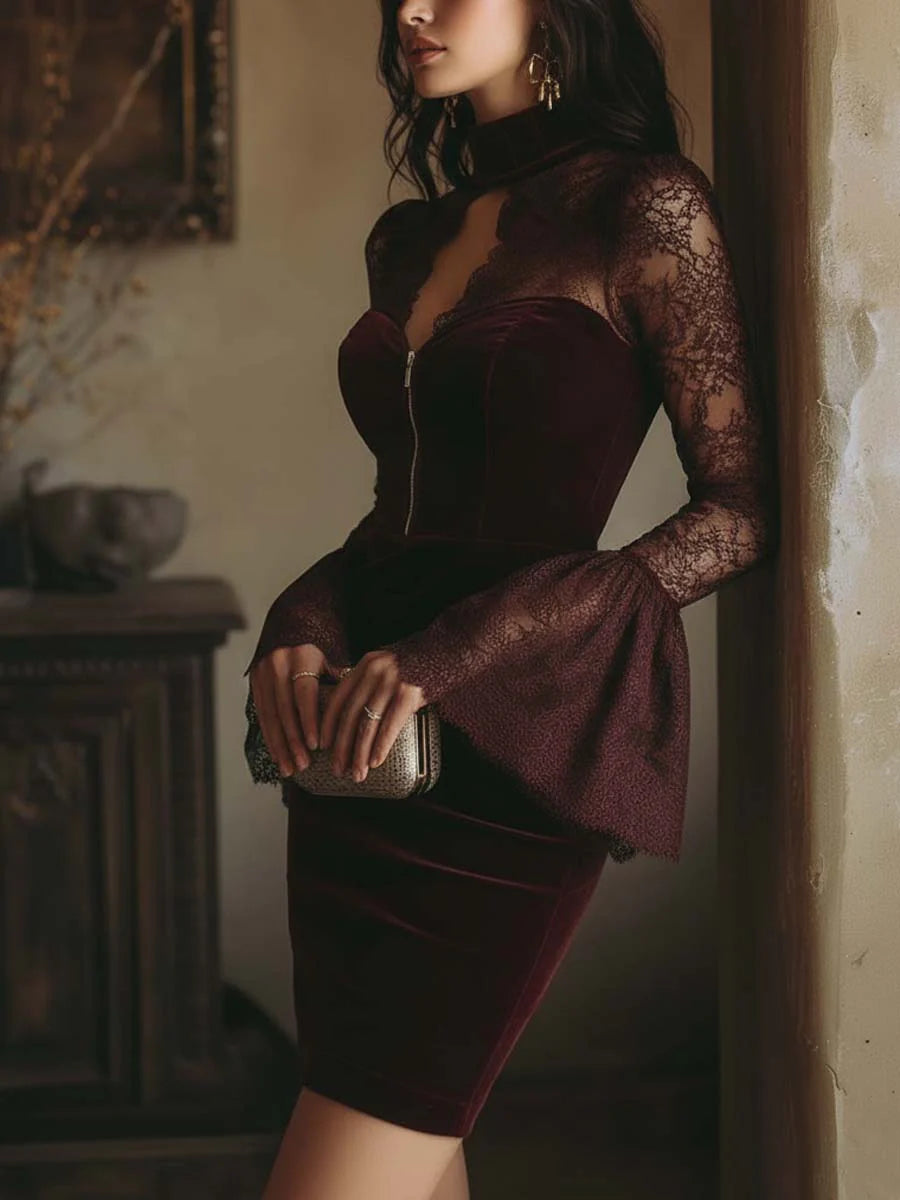 Tamsin | Velvet & Lace Bodycon Mini Dress Bordeaux