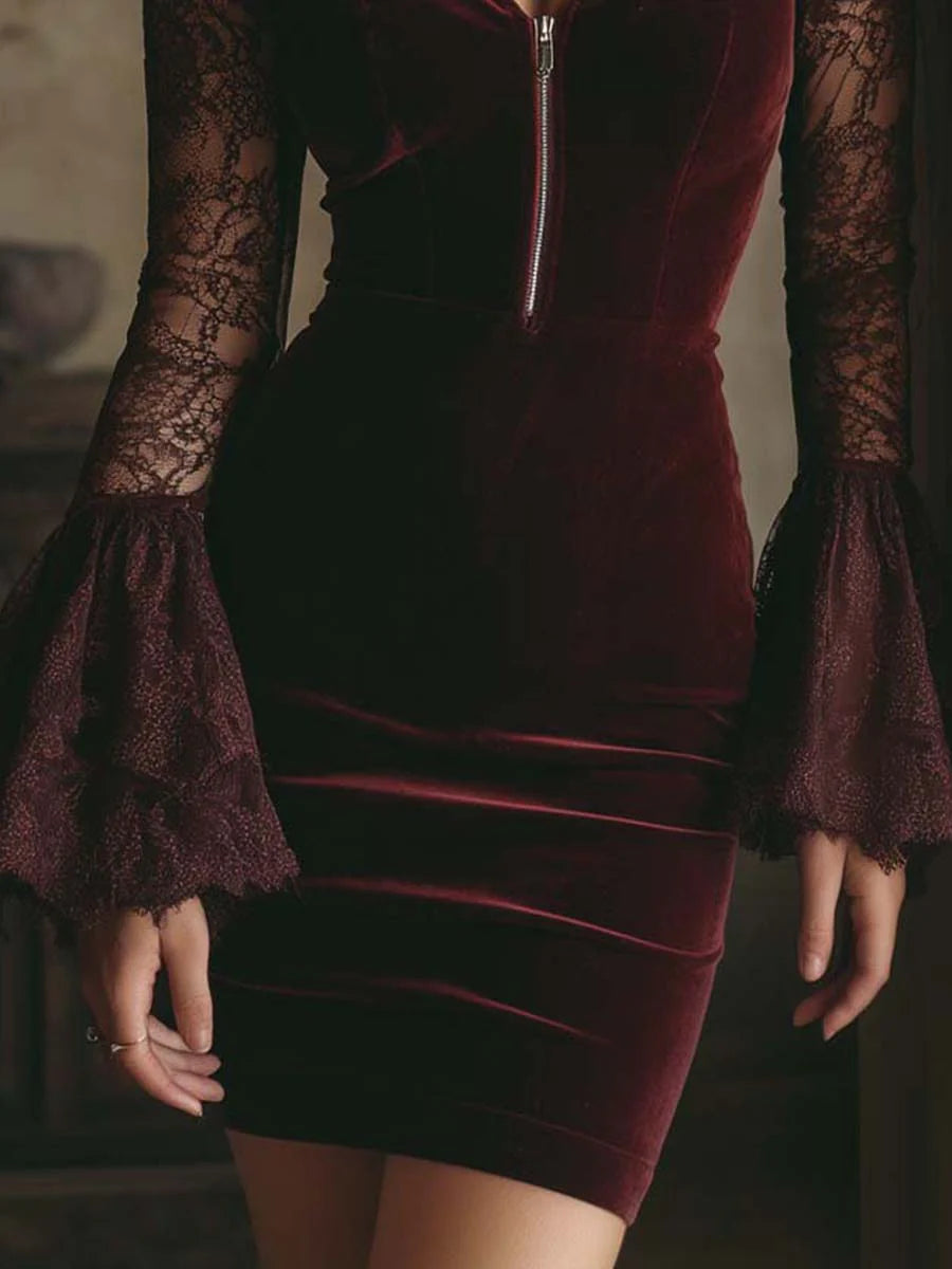 Tamsin | Velvet & Lace Bodycon Mini Dress Bordeaux