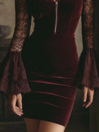 Tamsin | Velvet & Lace Bodycon Mini Dress Bordeaux