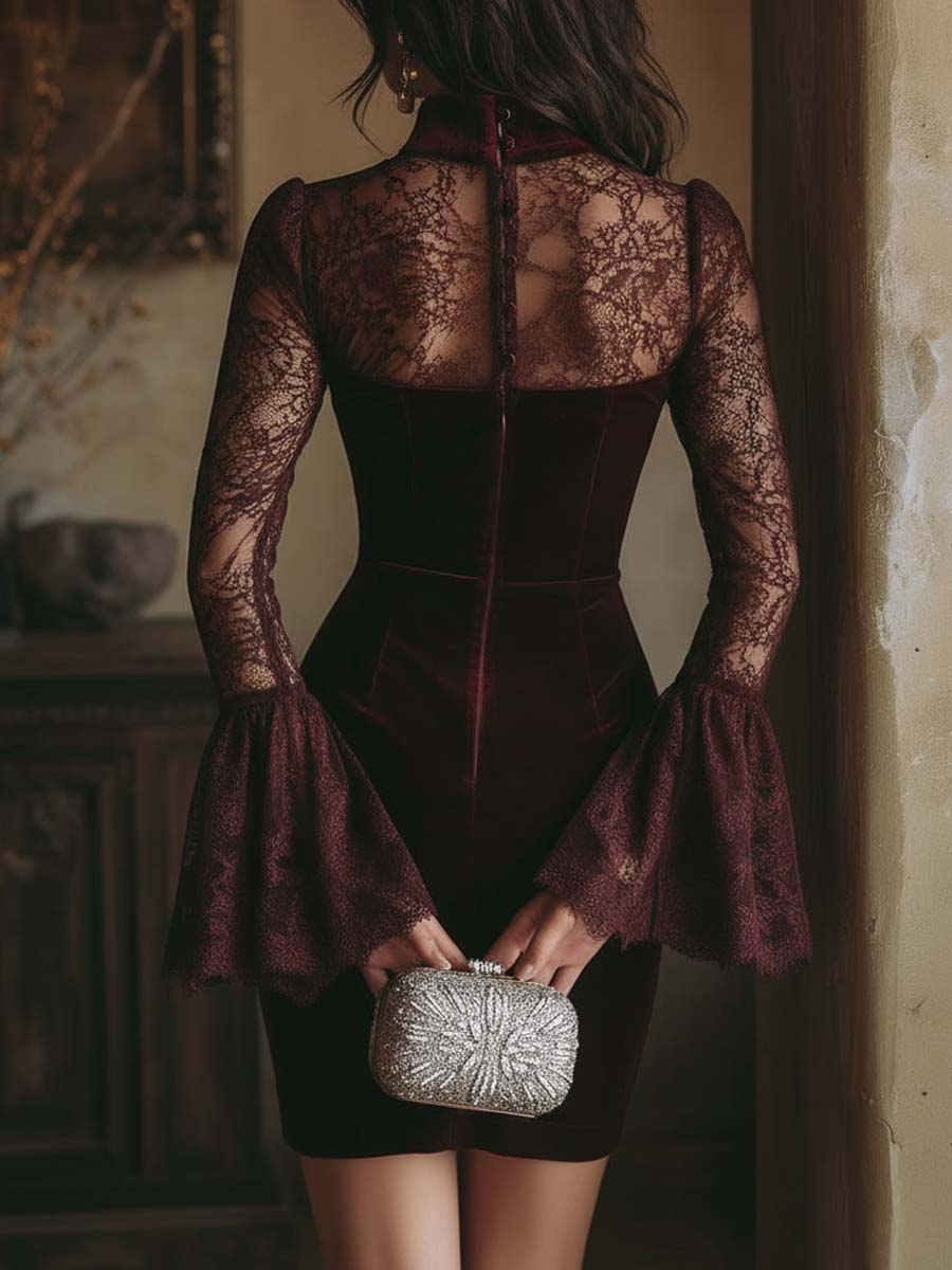 Tamsin | Velvet & Lace Bodycon Mini Dress Bordeaux