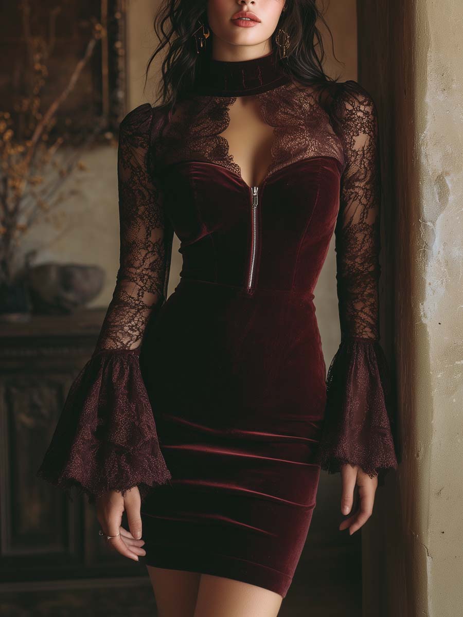 Tamsin | Velvet & Lace Bodycon Mini Dress Bordeaux