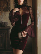 Tamsin | Velvet & Lace Bodycon Mini Dress Bordeaux