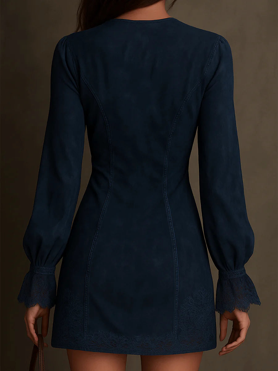 Eudora | Vintage Blue Suede Lace Trim Mini Dress