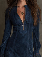 Eudora | Vintage Blue Suede Lace Trim Mini Dress