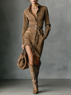 Marigold | Suede Single Breasted Lapel Long Sleeve Midi Dress (Includes belt)
