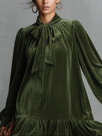 Ava Loose-Fitting Velvet Mini Dress with Neckline Bow