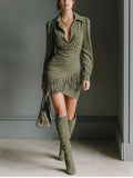 Morlenna | Olive Green Faux Suede V-Neck Wrap Mini Dress