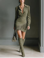 Morlenna | Olive Green Faux Suede V-Neck Wrap Mini Dress