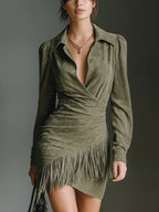 Morlenna | Olive Green Faux Suede V-Neck Wrap Mini Dress