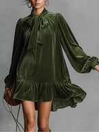 Ava Loose-Fitting Velvet Mini Dress with Neckline Bow