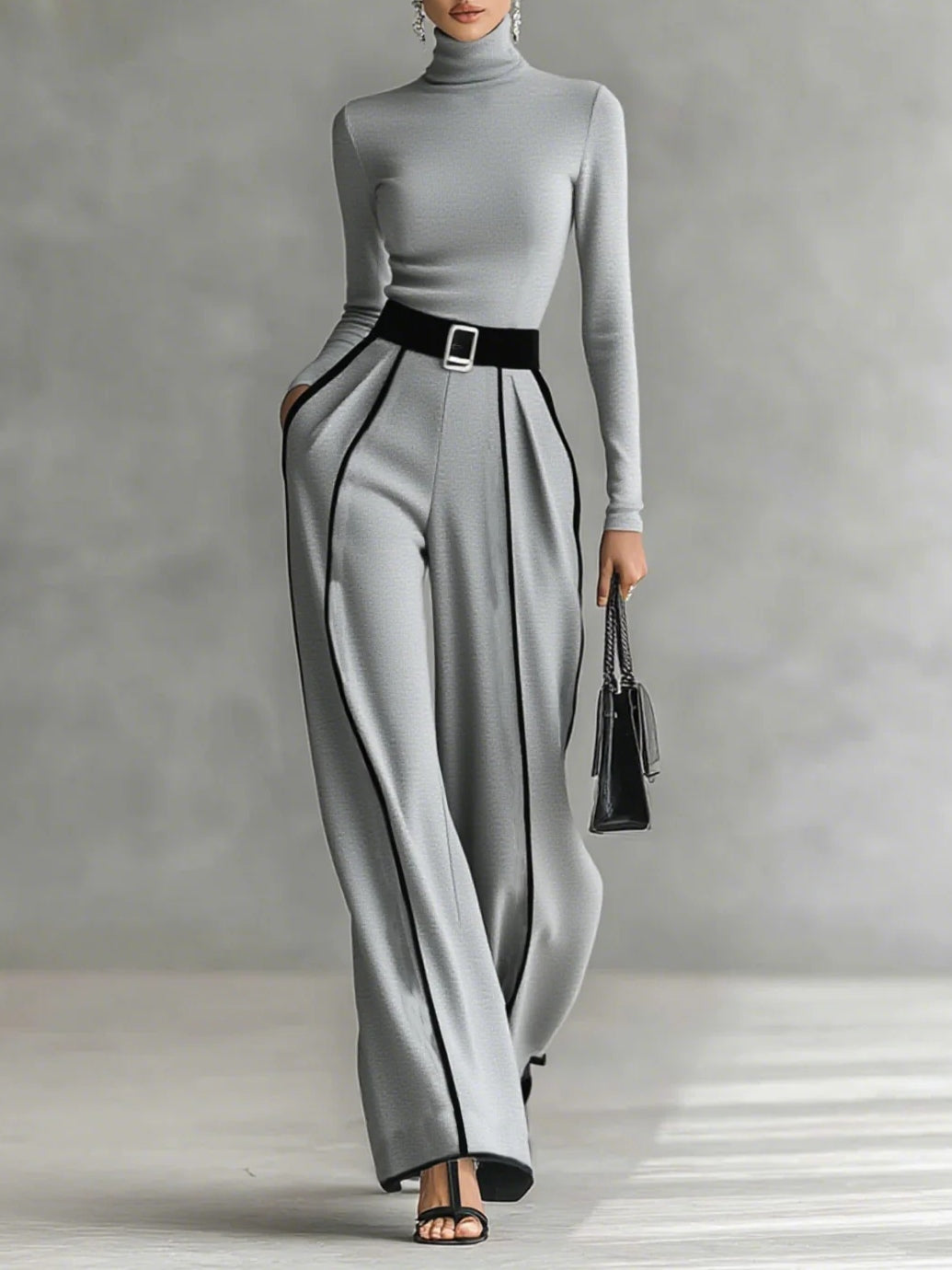 Polished High-Neck Top & Wide-Leg Pants Set