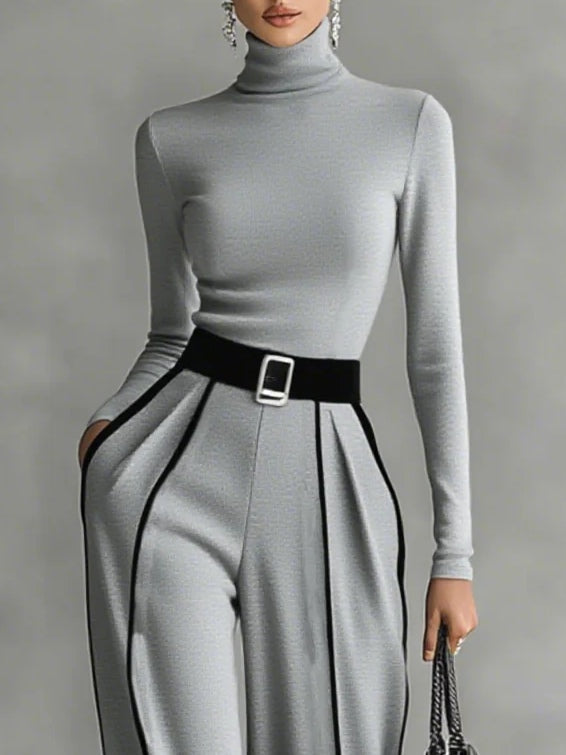 Polished High-Neck Top & Wide-Leg Pants Set