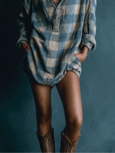 Selenie | Blue Plaid Henley Mini Dress